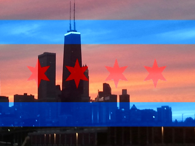 The Chicago flag overlayed over a picutre of downtown chicago with the city in color.