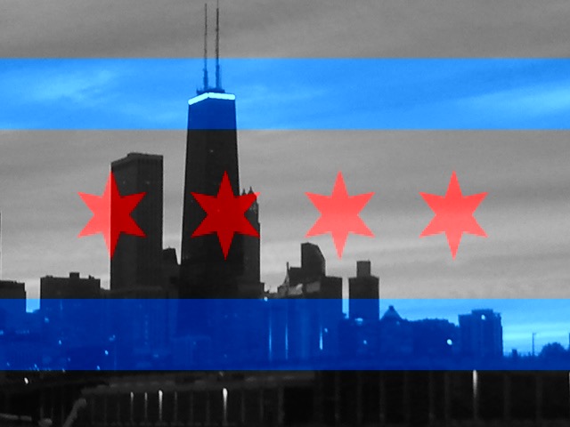 The Chicago flag overlayed over a picutre of downtown chicago with the city in gray scale.
