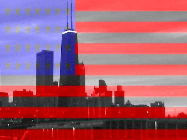 The US flag overlayed over a picutre of downtown chicago with the city in gray scale.