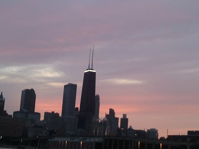 Downtown Chicago at sunset.